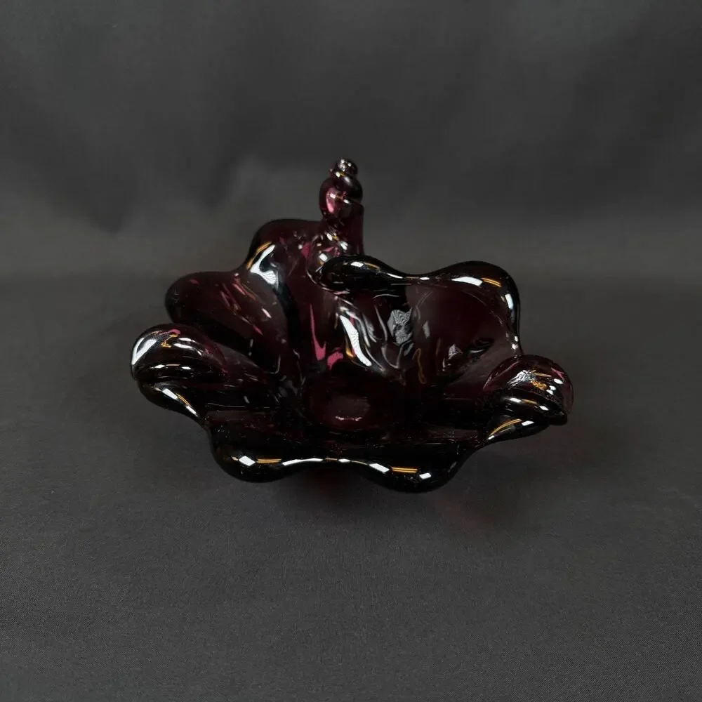 Vintage Dark Amethyst Glass Decorative Bowl with Wavy Edge
